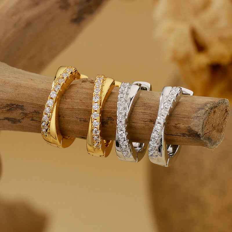 “Luxe Curve” 925 Sterling Silver Pavé Crossover Huggie Earrings
