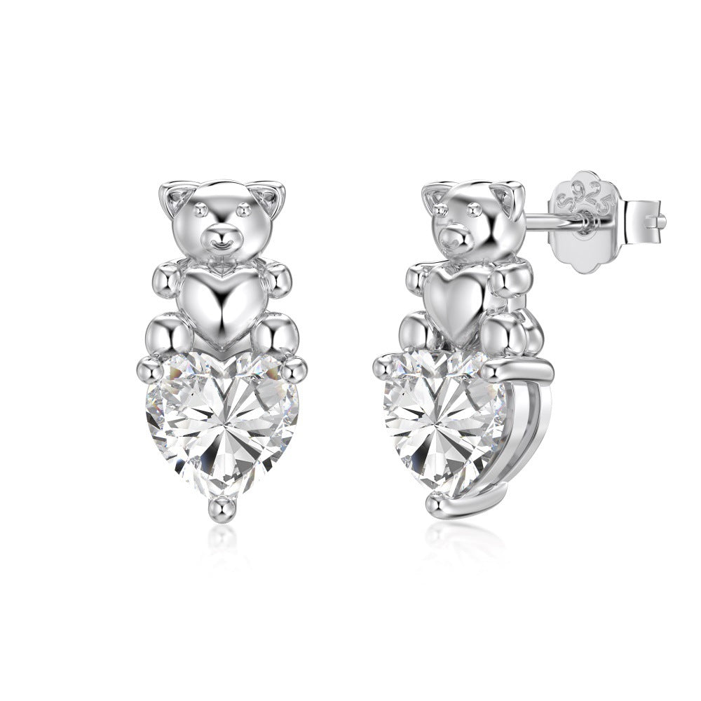 “Sweet Bear Spark” 925 Sterling Silver 5A Cubic Zirconia Necklace & Stud Earrings Set