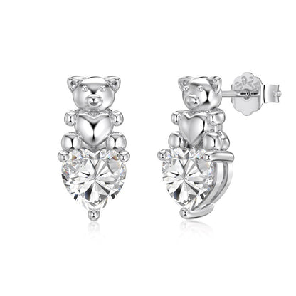 “Sweet Bear Spark” 925 Sterling Silver 5A Cubic Zirconia Necklace & Stud Earrings Set