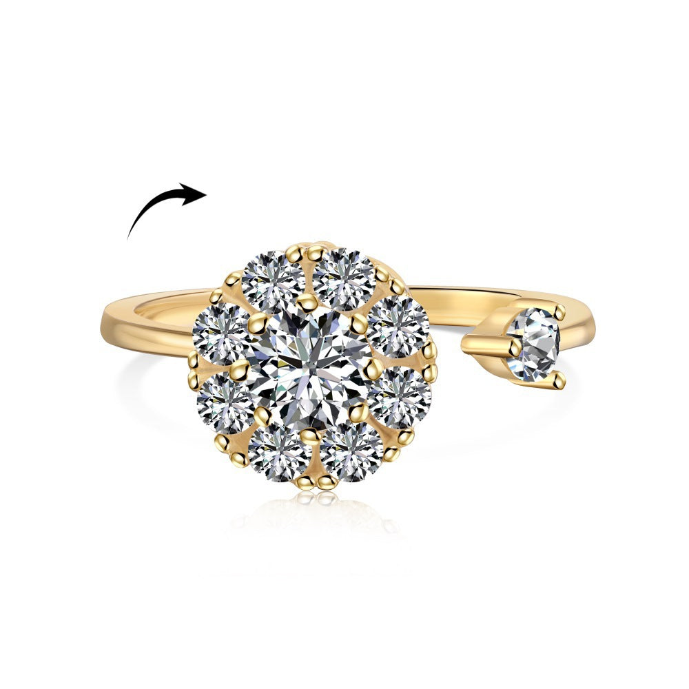 “Golden Bloom Whisper” 925 Sterling Silver Rotating Halo Open Ring