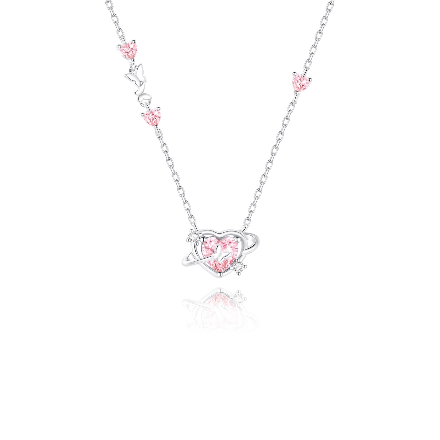 “Pink Orbit Heart” 925 Sterling Silver Pink Zircon Heart Necklace