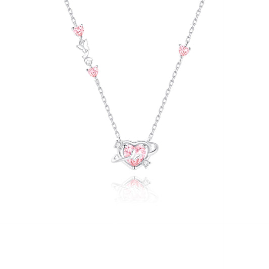 “Pink Orbit Heart” 925 Sterling Silver Pink Zircon Heart Necklace