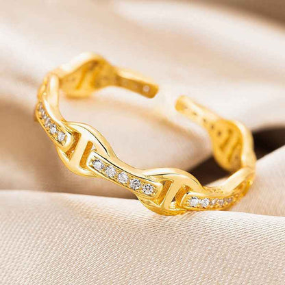 "Golden Link" 925 Sterling Silver Pavé Chain Ring