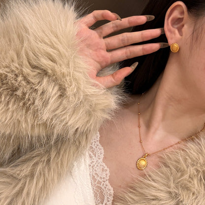 "Golden Weave" 925 Sterling Silver Brushed Oval Necklace & Stud Earring Set