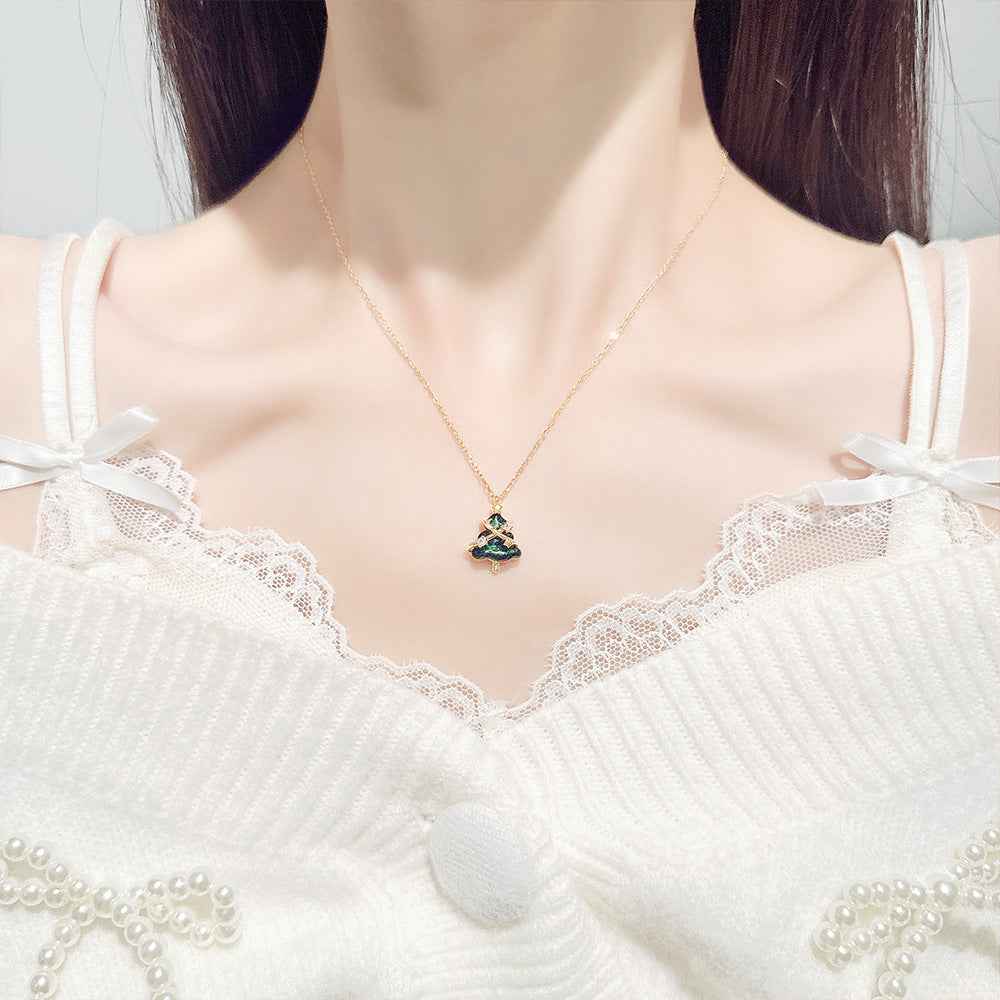 "Starlit Evergreen" 925 Sterling Silver Enamel Christmas Tree Necklace