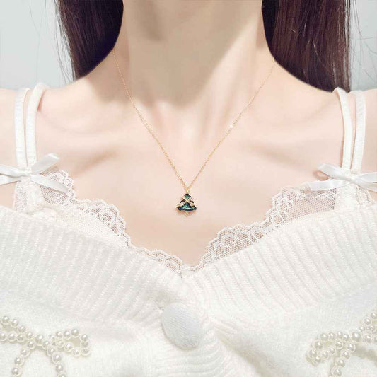 "Starlit Evergreen" 925 Sterling Silver Enamel Christmas Tree Necklace