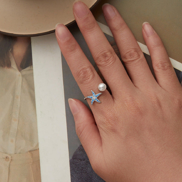 “Azure Star” S925 Sterling Silver Pearl Open Ring