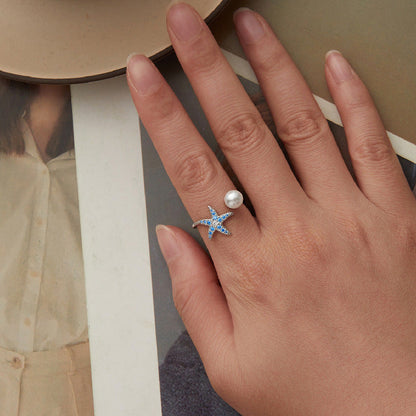 “Azure Star” S925 Sterling Silver Pearl Open Ring