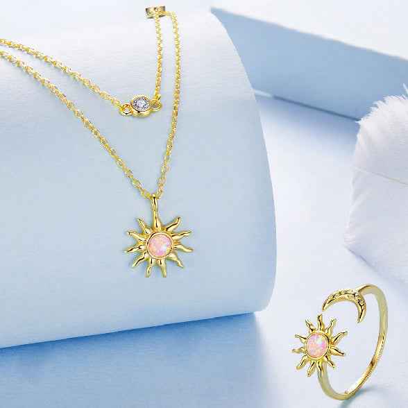 “Aurora Sol” 925 Sterling Silver Opal Sun & Moon Jewelry Set