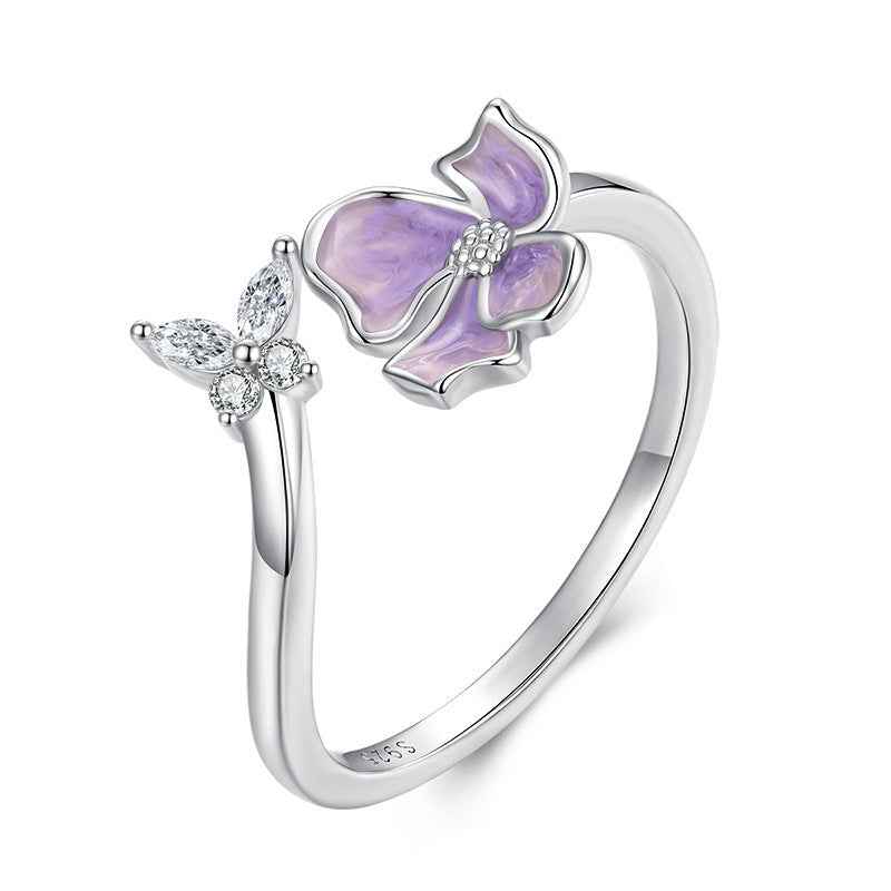 “Lavender Flutter” 925 Sterling Silver Purple Butterfly Flower Adjustable Open Ring