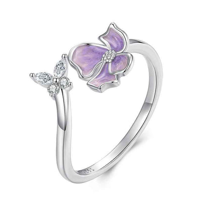 “Lavender Flutter” 925 Sterling Silver Purple Butterfly Flower Adjustable Open Ring