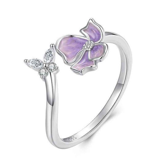 “Lavender Flutter” 925 Sterling Silver Purple Butterfly Flower Adjustable Open Ring