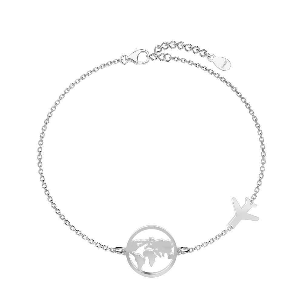 “Around the World” · S925 Sterling Silver Travel Bracelet｜Globe & Airplane Design
