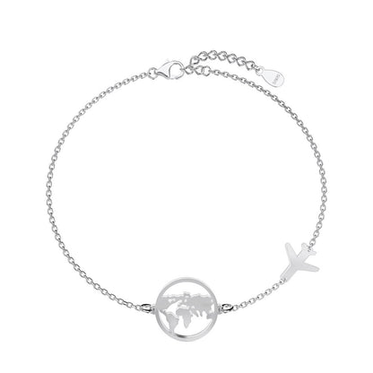 “Around the World” · S925 Sterling Silver Travel Bracelet｜Globe & Airplane Design