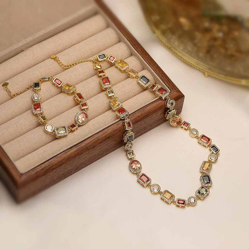 Imperial Mosaic Brass Genuine Gold-Plated 3A Multicolor Zircon Geometric Necklace & Bracelet Set