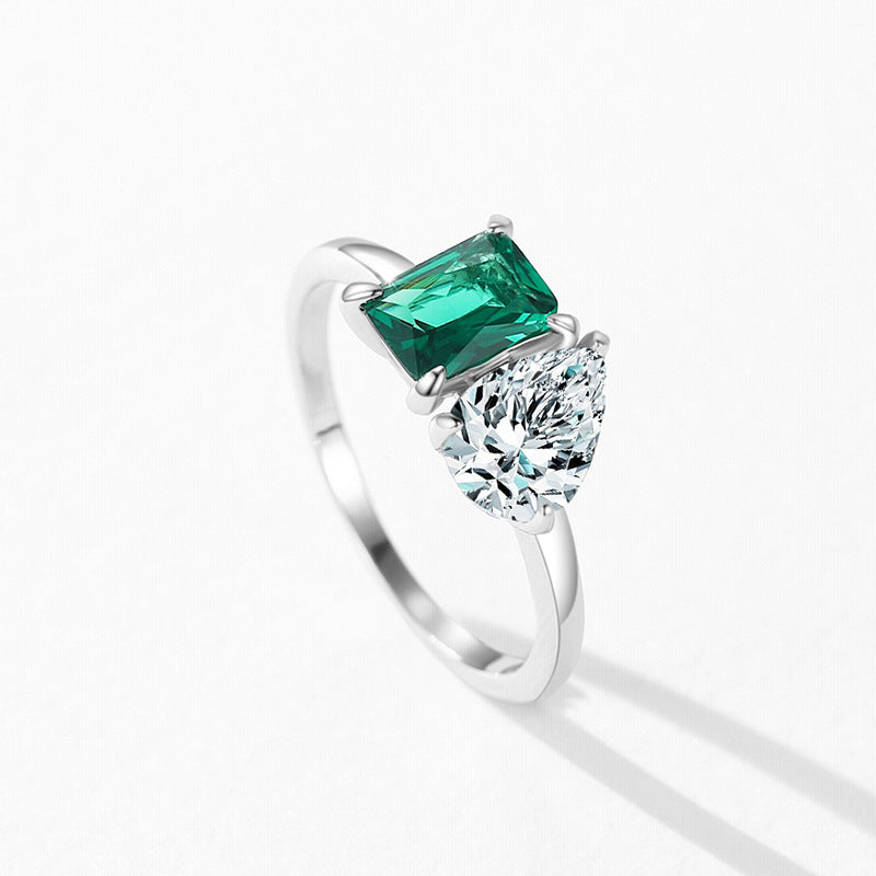 “Emerald Duet” 925 Sterling Silver Two-Stone Zircon Ring