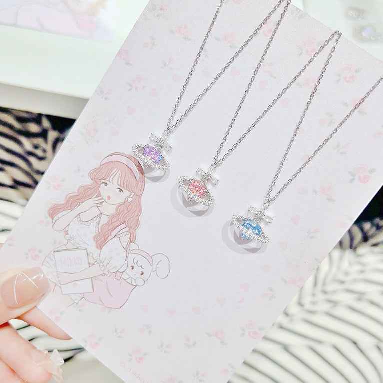 “Celestia Orbit” 925 Sterling Silver Saturn Heart Moissanite Necklace