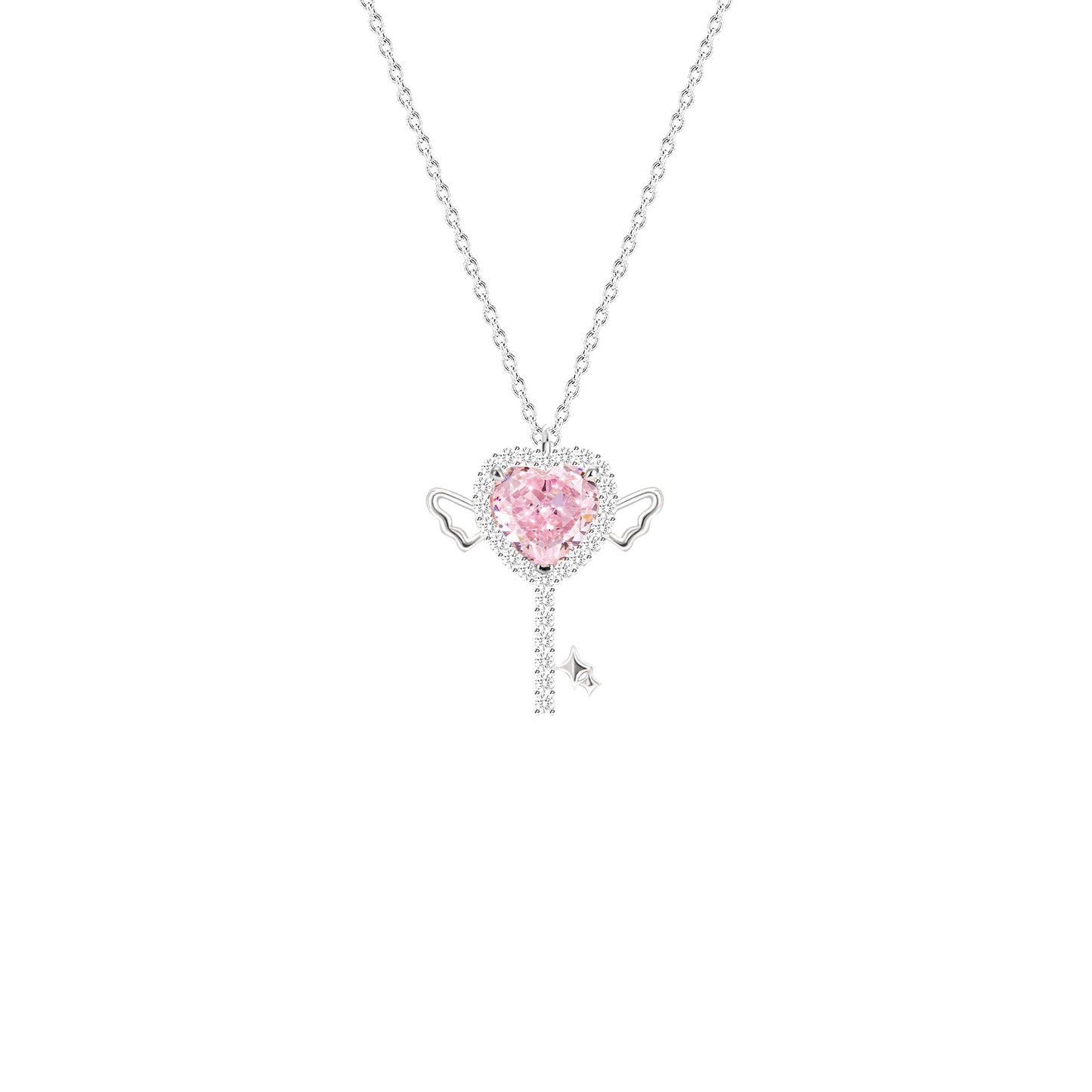 “Cupid’s Key” 925 Sterling Silver Pink Heart Wing Key Necklace