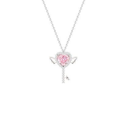 “Cupid’s Key” 925 Sterling Silver Pink Heart Wing Key Necklace