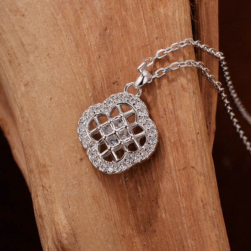 “Cloverline Grace” 925 Sterling Silver Micro Pavé Openwork Clover Necklace