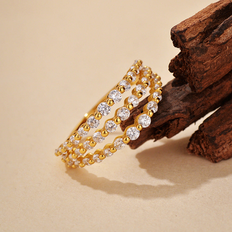 "Triple Gleam" 925 Sterling Silver Three-Row Pavé Zircon Ring