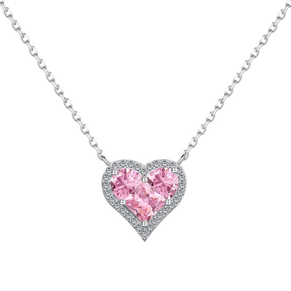 “Pink Prism Heart” S925 Sterling Silver Geometric Heart Zircon Jewelry Set (Necklace & Stud Earrings)