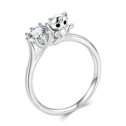 "Catch the Light" Platinum-Plated 925 Sterling Silver Cat Zircon Ring – Playful & Sparkling