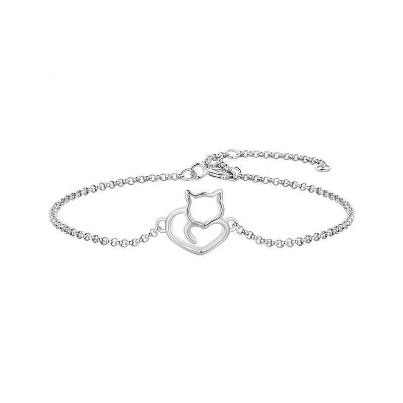 “Sweet Kitty Heart” 925 Sterling Silver Cat Heart Adjustable Bracelet