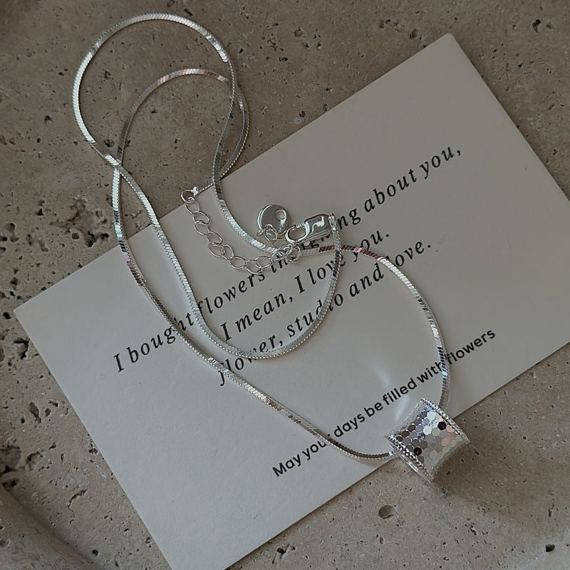 "Silver Gleam" S925 Sterling Silver Sequin Cylinder Necklace