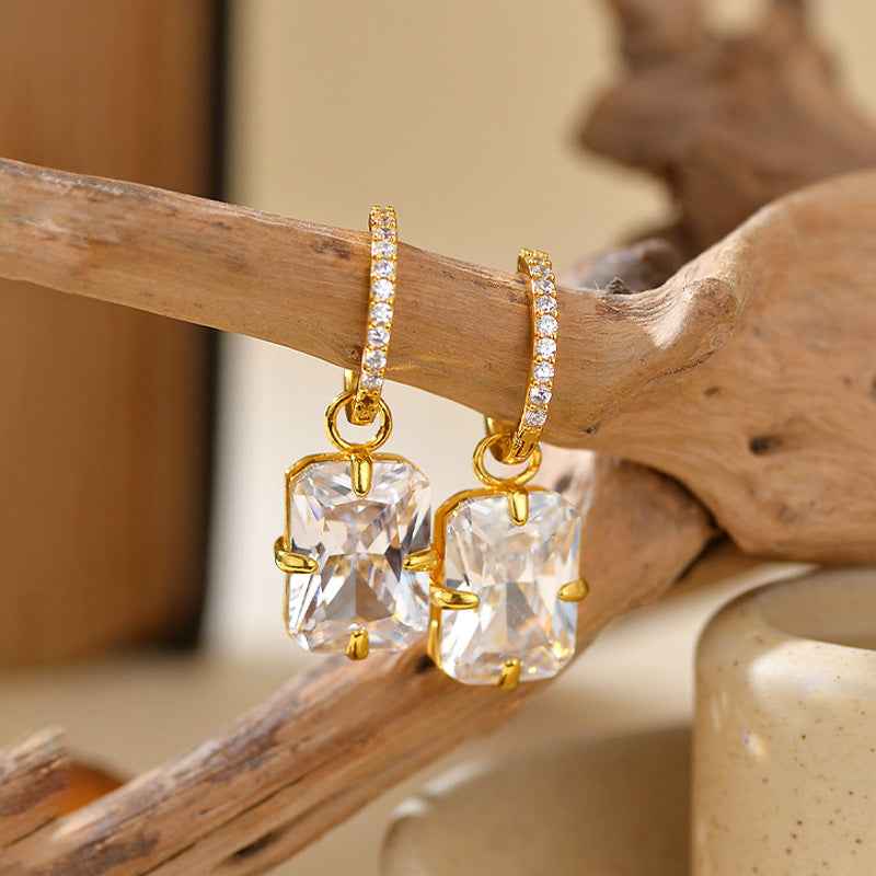 “Radiant Frame” 925 Sterling Silver Cushion-Cut Zircon Drop Hoop Earrings