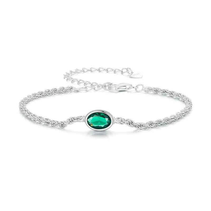 “Verdant Line” 925 Sterling Silver Green Zircon Chopin Chain Adjustable Bracelet