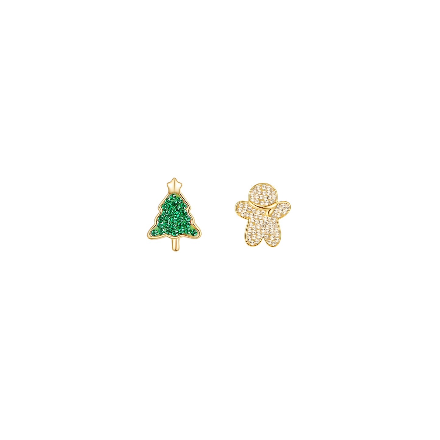"Merry Duo" 925 Sterling Silver Christmas Tree & Gingerbread Asymmetric Stud Earrings