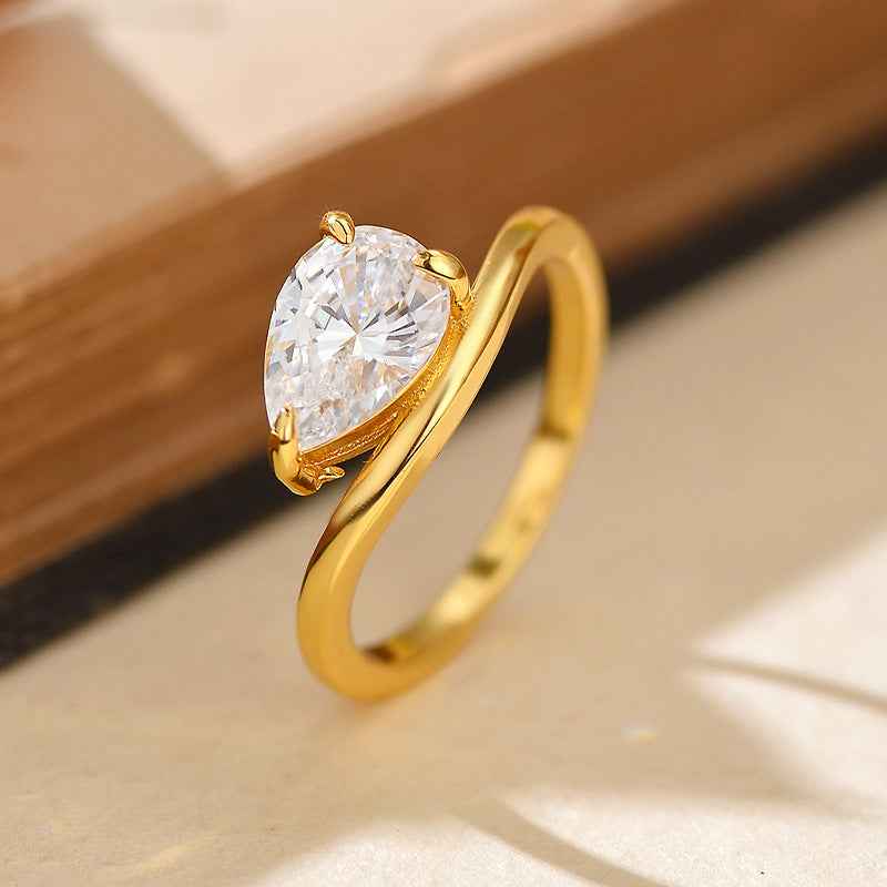 "Wave Dewdrop" 925 Sterling Silver Teardrop Zircon Ring