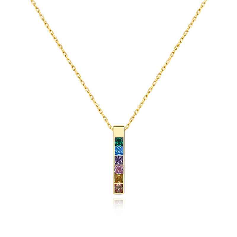 “Prism Column” 925 Sterling Silver Multicolor Zircon Bar Necklace