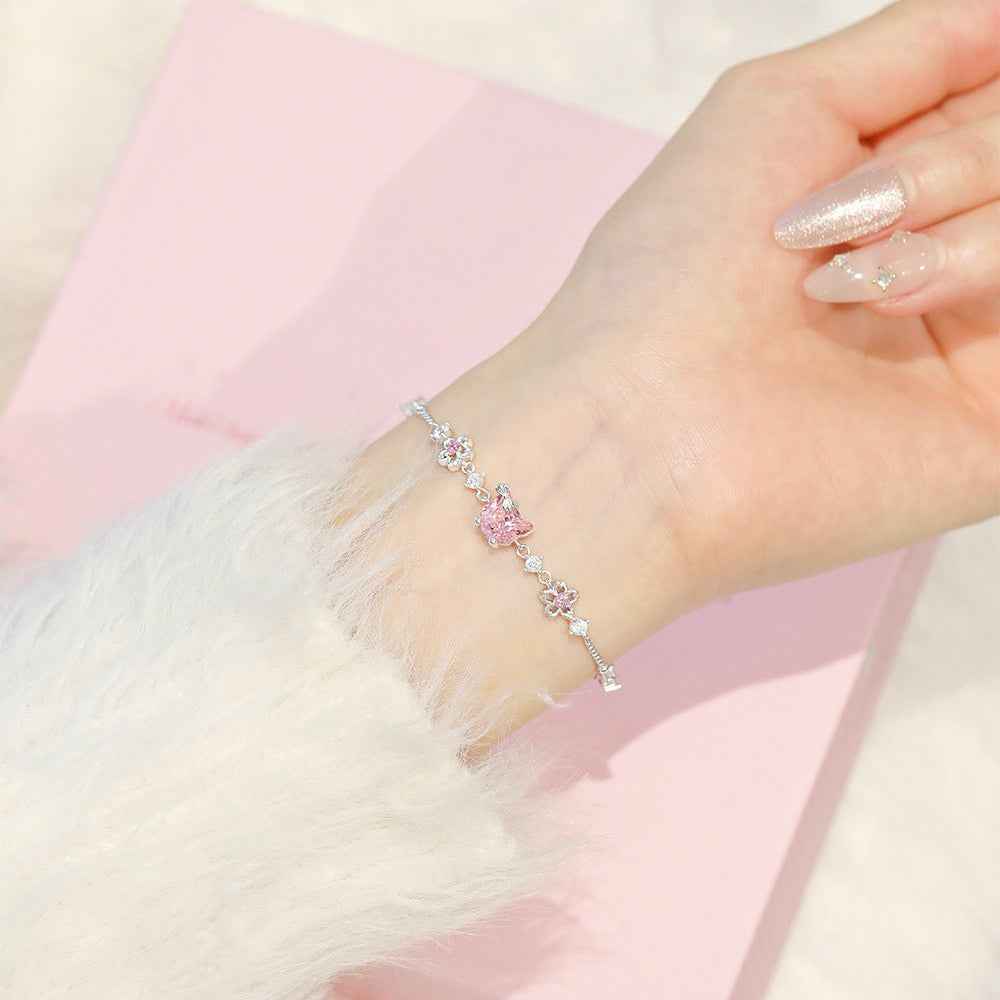 “Sakura Kitty” 925 Sterling Silver Pink Zircon Cat Necklace & Bracelet Set