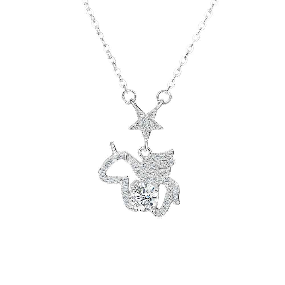 “Starlit Pegasus” 925 Sterling Silver Moissanite Unicorn Pendant Necklace