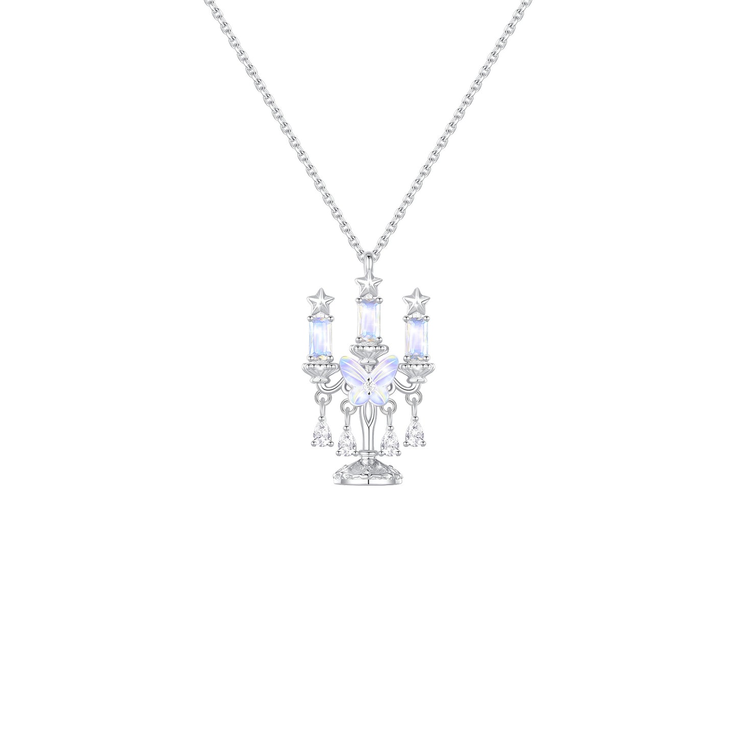 “Luminous Candelabra” 925 Sterling Silver Moonstone Butterfly Tassel Necklace