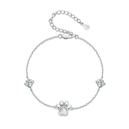"Opal Paw" 925 Sterling Silver Platinum-Plated Cat Paw Bracelet – Adorable & Shimmering