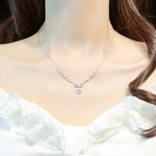 “Ballet Sweetheart” S925 Sterling Silver Pink Heart Bow Necklace