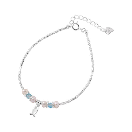 "This Little Fish Cares" 925 Sterling Silver Chunky-Link Bracelet – Aquamarine & Pearl Whisper