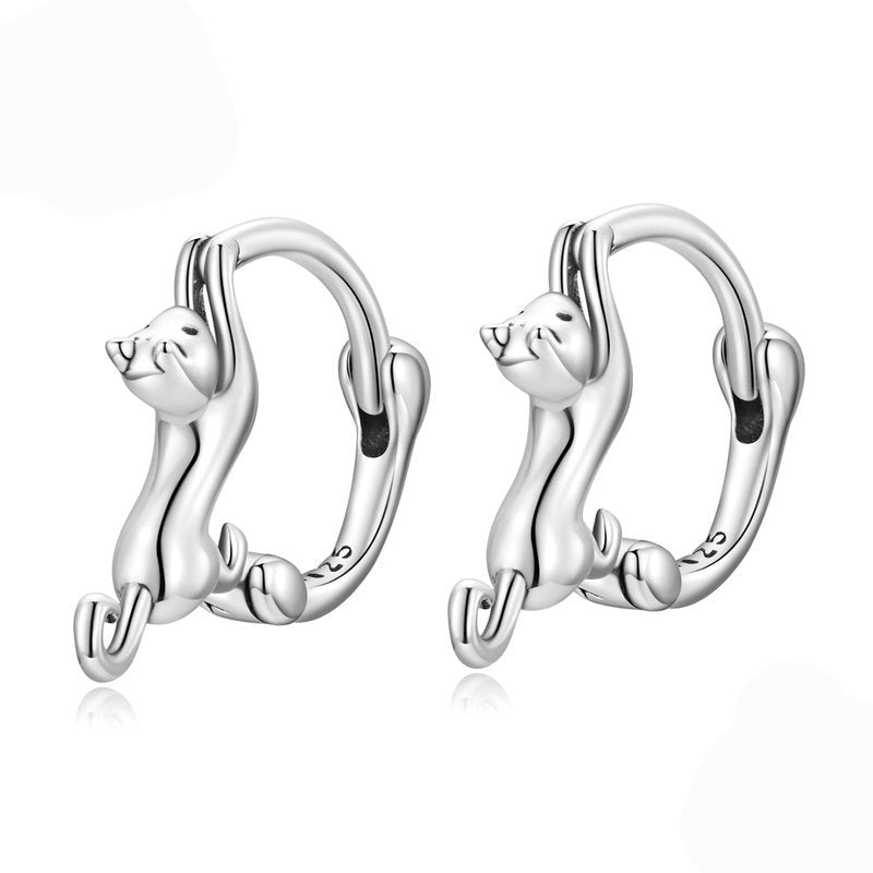 “Stretching Cat” S925 Sterling Silver Huggie Earrings