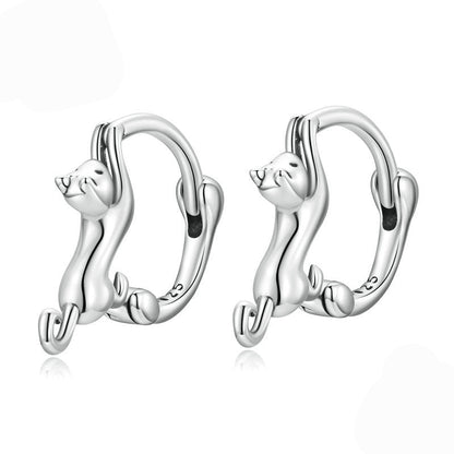“Stretching Cat” S925 Sterling Silver Huggie Earrings
