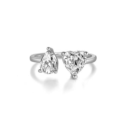 "Sparkling Embrace" 925 Sterling Silver Pear & Heart Adjustable Ring