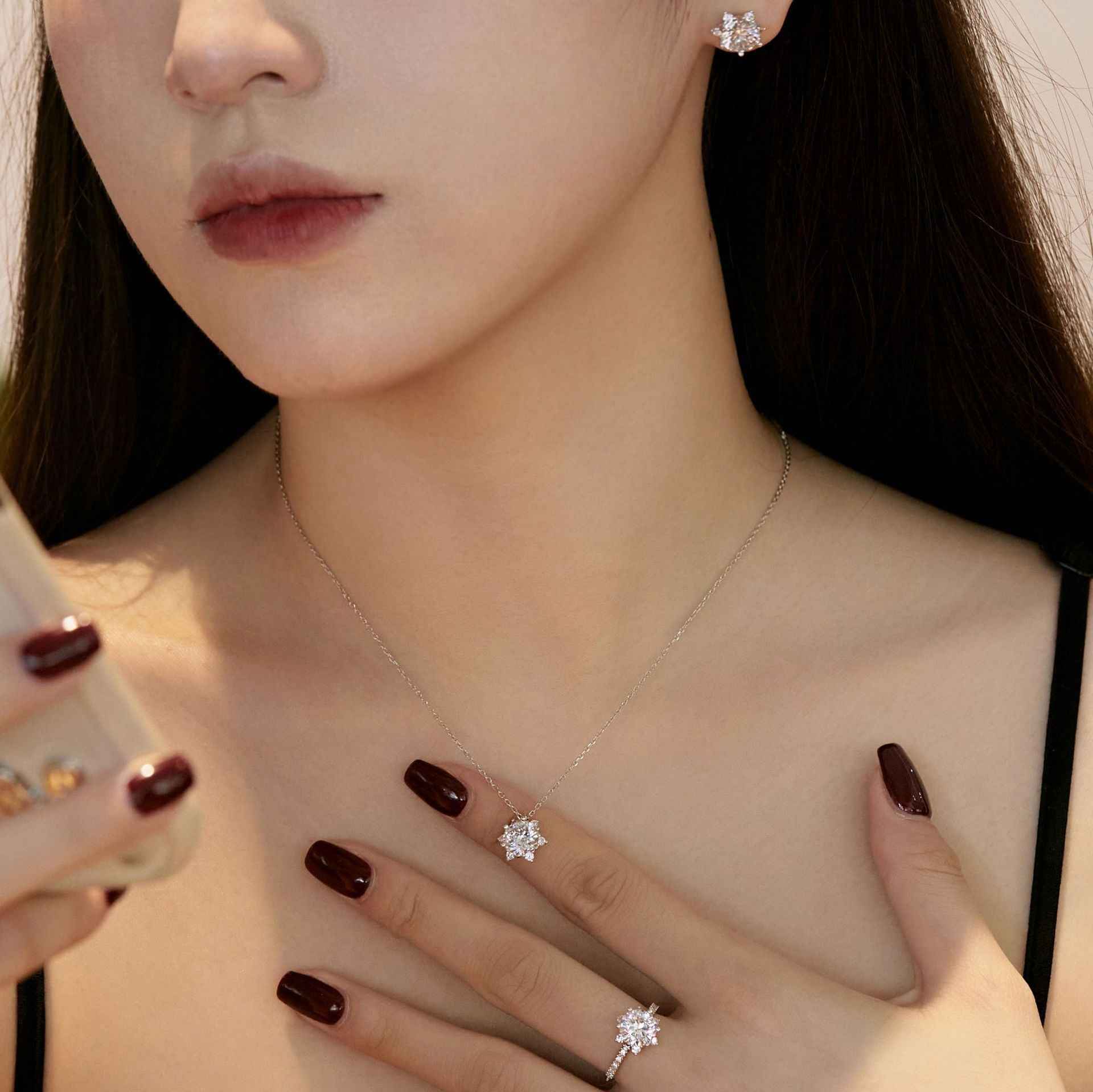 “Camellia Lumière” S925 Sterling Silver Pavé Camellia Jewelry Set (Necklace, Earrings & Ring)