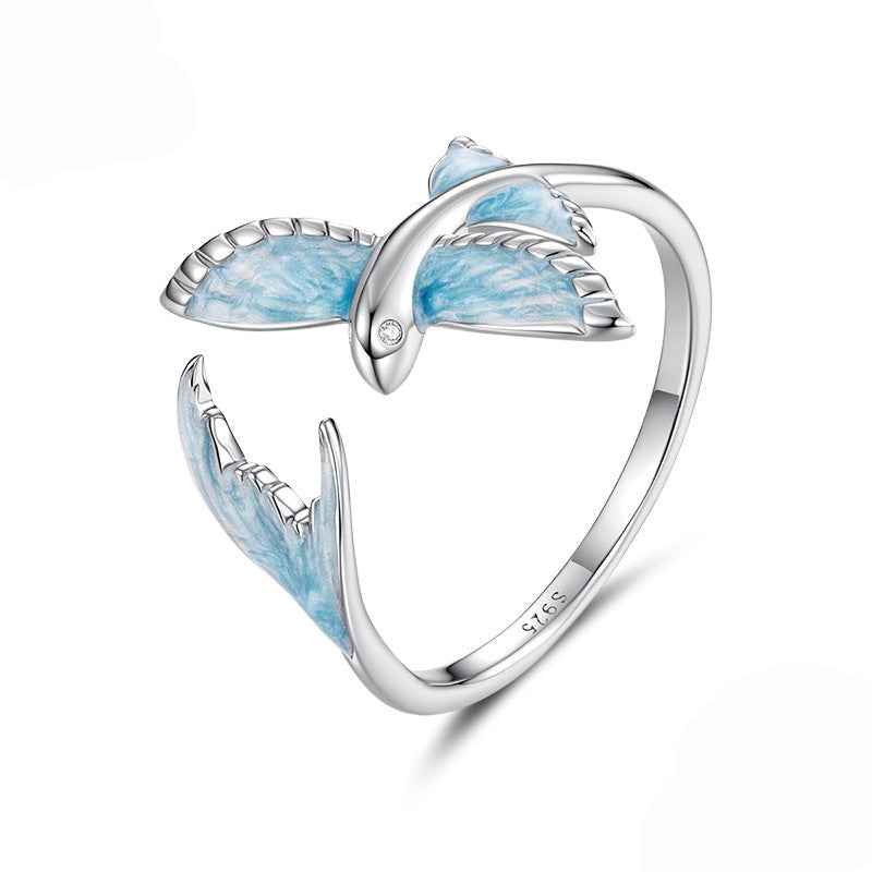 “Skyfin” S925 Sterling Silver Blue Enamel Flying Fish Open Ring