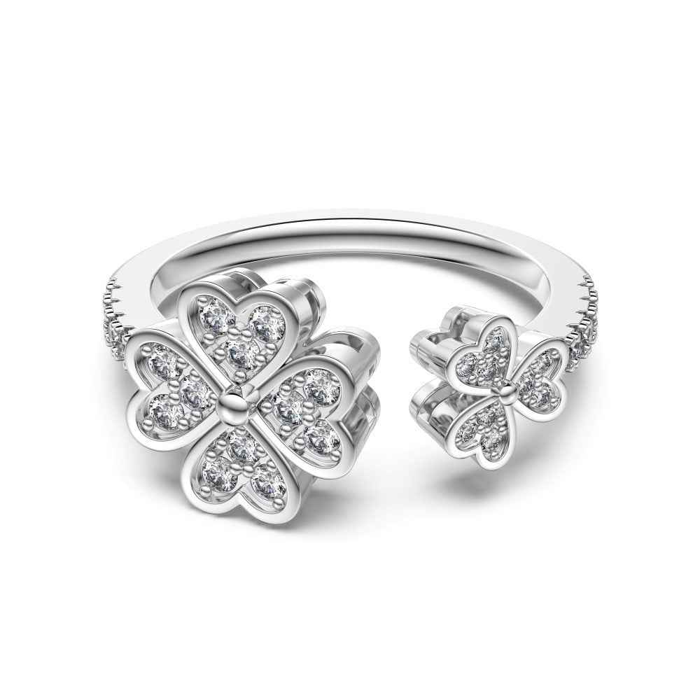 “Clover Serenade” 925 Sterling Silver Heart Clover Open Ring
