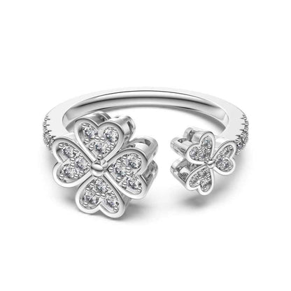 “Clover Serenade” 925 Sterling Silver Heart Clover Open Ring
