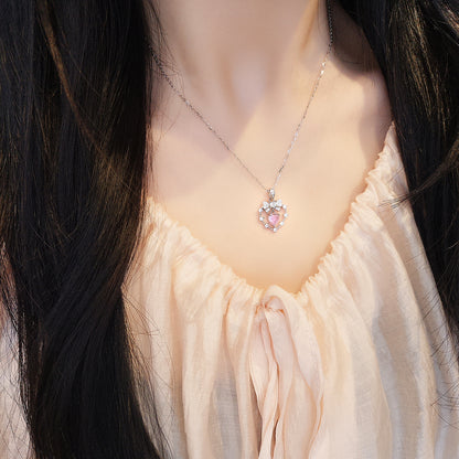 “Velour Knot” S925 Sterling Silver Pink Heart Bow Necklace