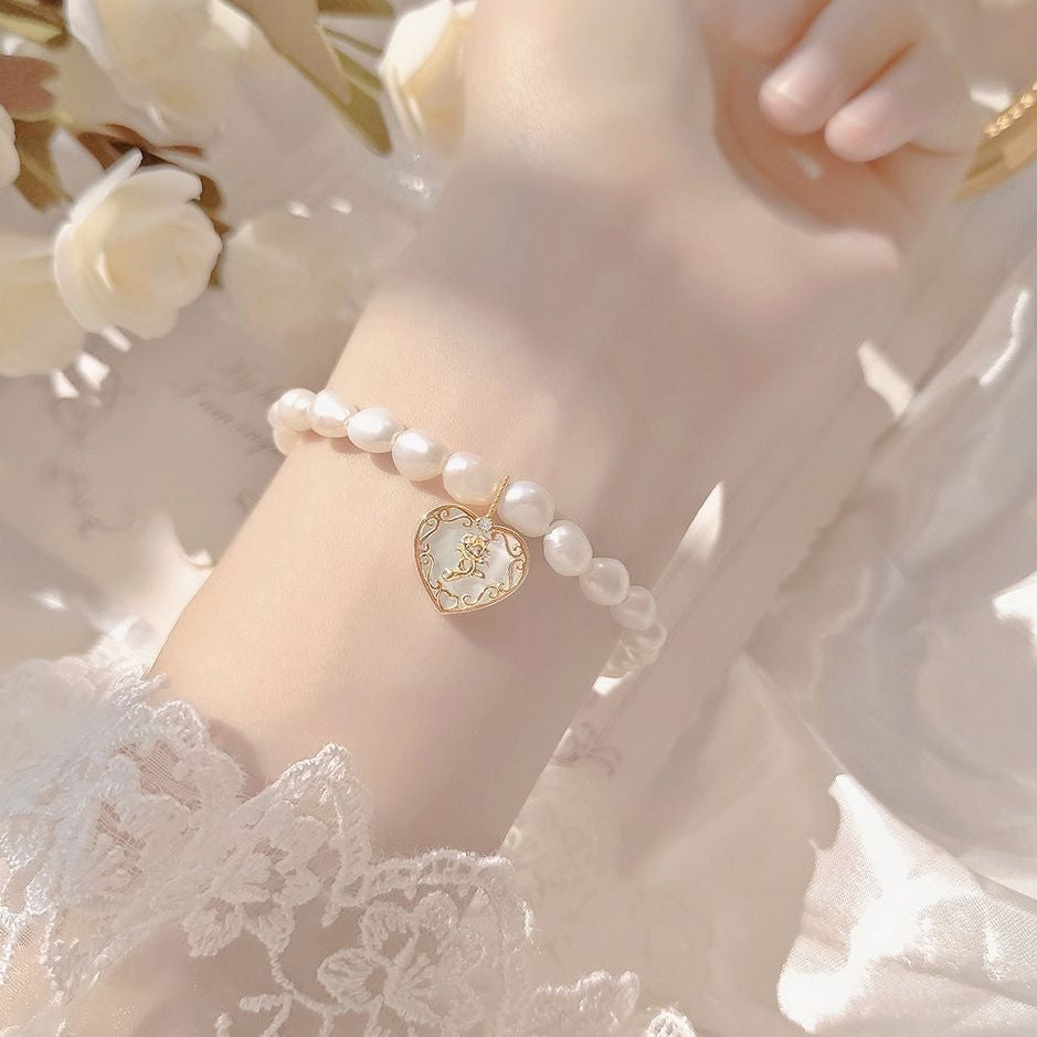 “Rose Reverie” S925 Sterling Silver Mother-of-Pearl Rose Pearl Jewelry Set (Necklace & Bracelet)