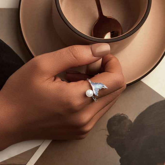 “Iridescent Tide” 925 Sterling Silver Mermaid Tail Pearl Adjustable Open Ring